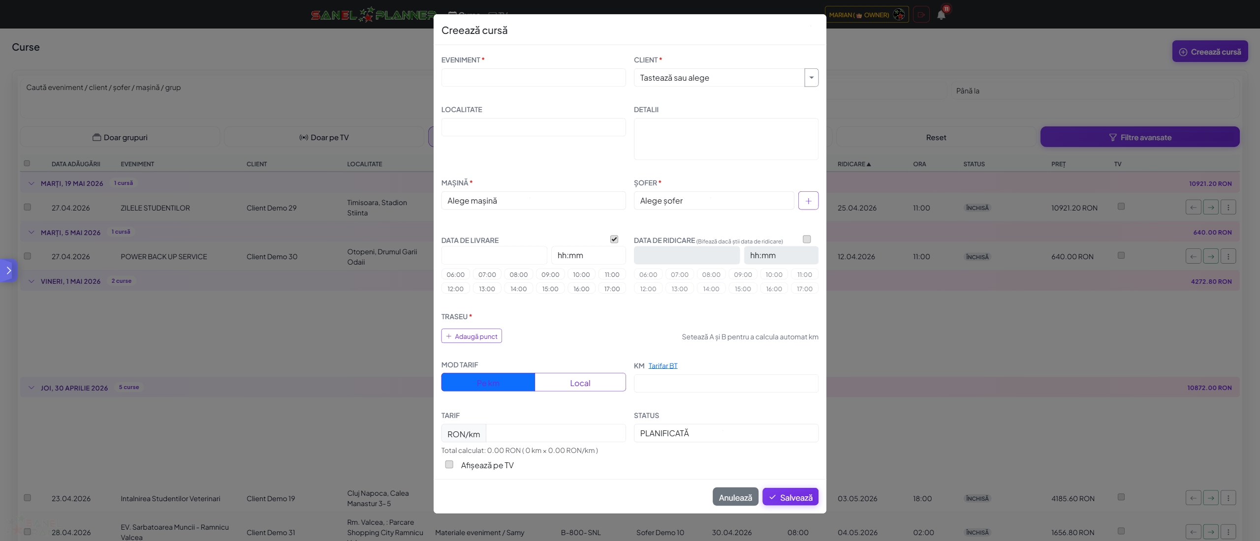 Modal de creare cursă cu drag and drop
